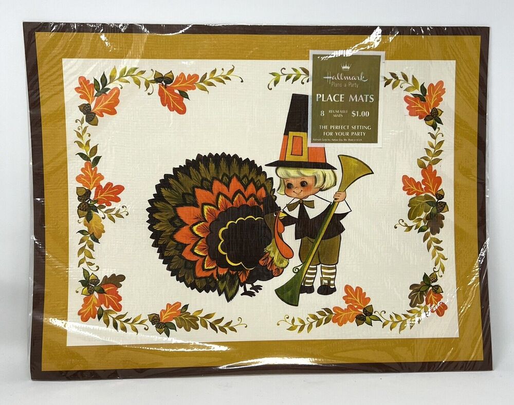 VTG 70s Thanksgiving 8 reusable Placemats Hallmark Plans-a-Party Big Eye Girl